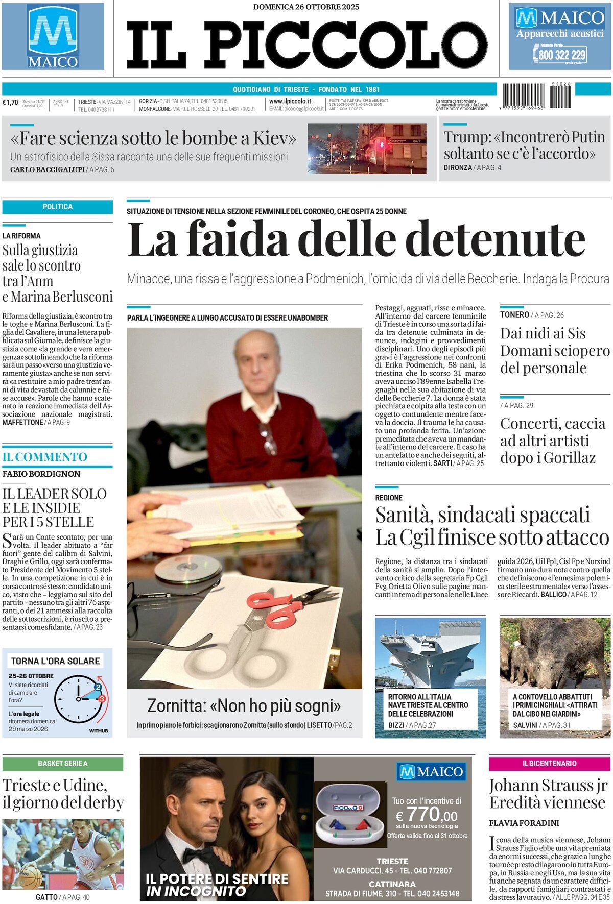 Prima Pagina Il Piccolo (Trieste) 26/10/2025