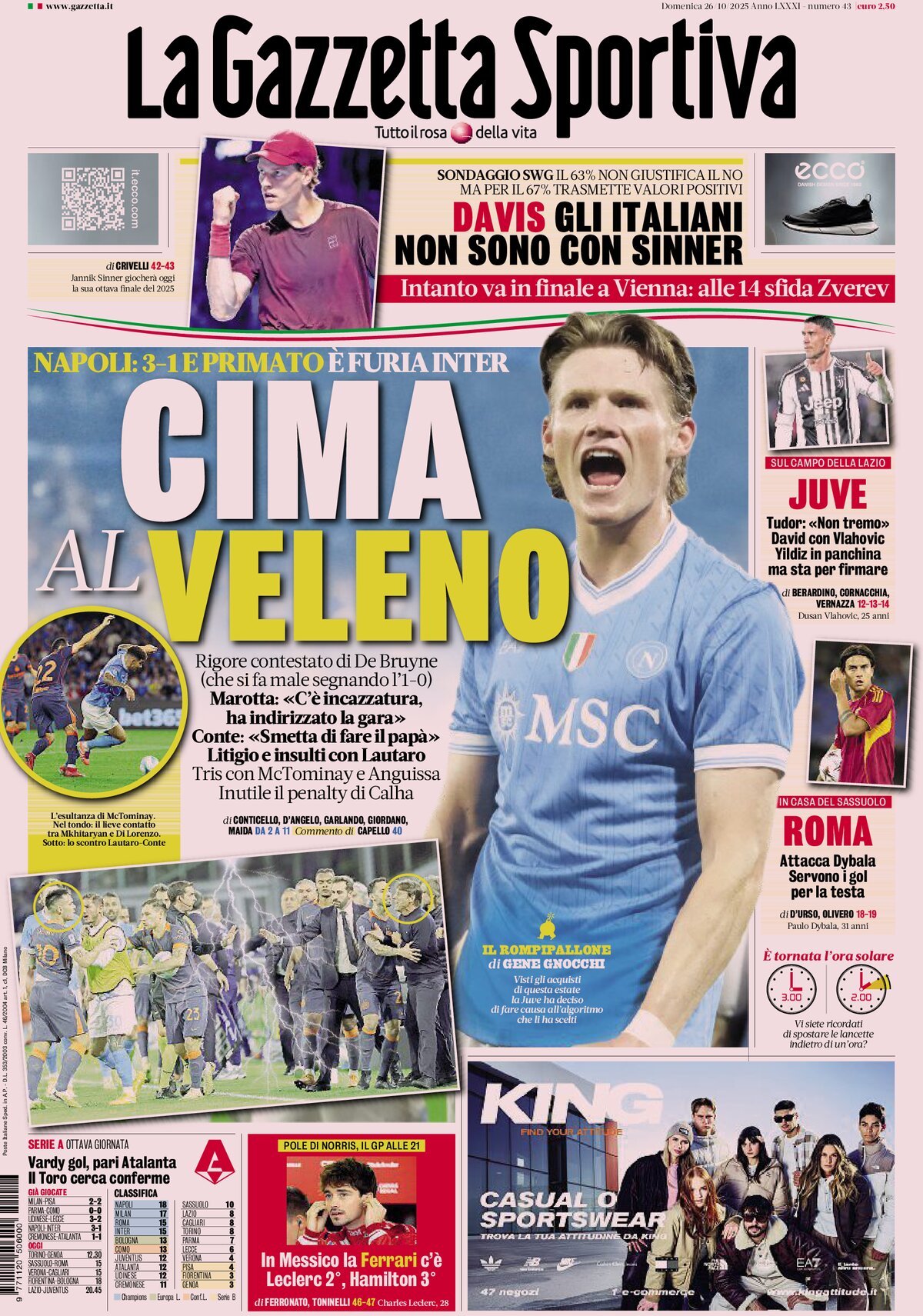 Prima Pagina La Gazzetta dello Sport 26/10/2025