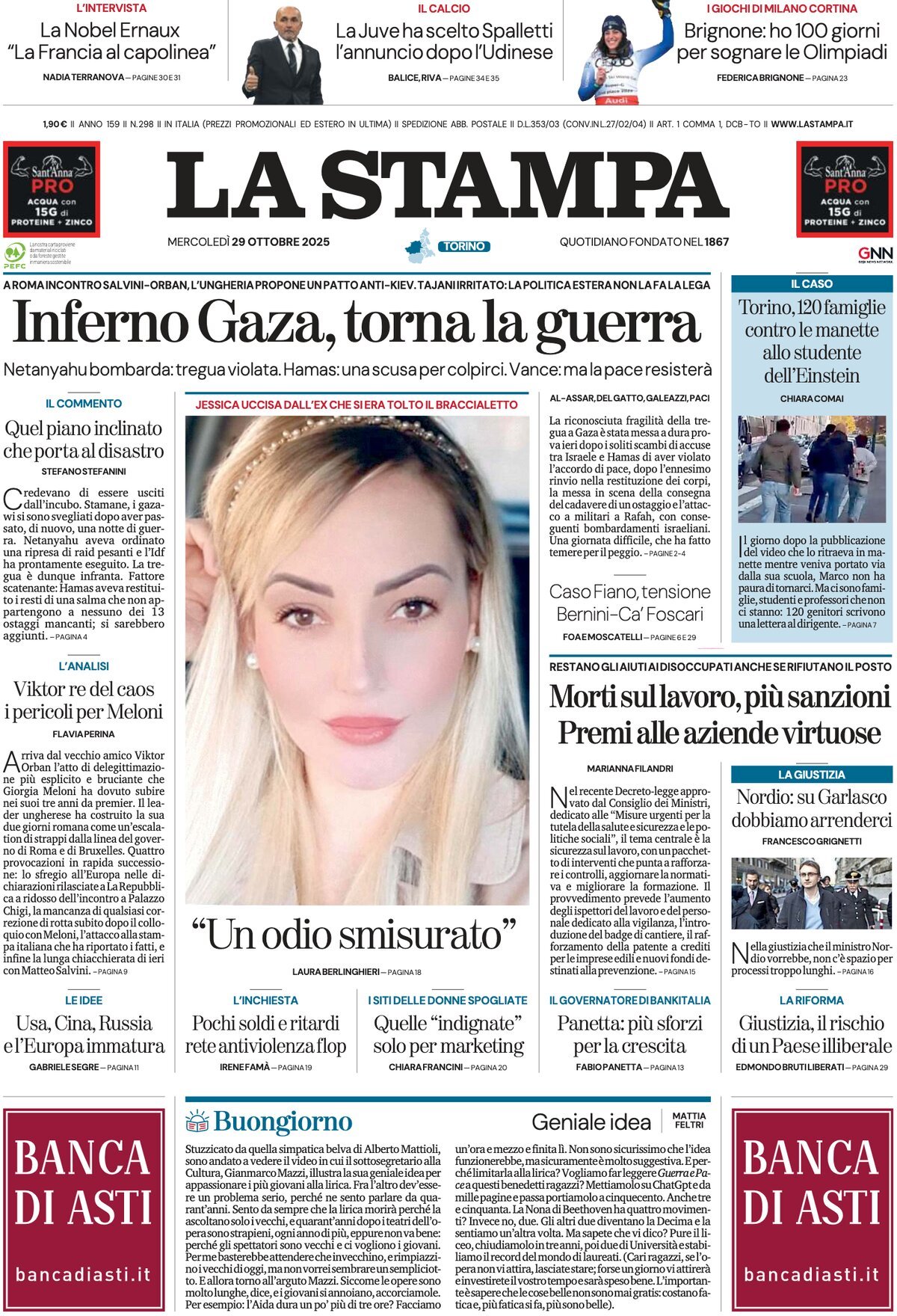 Prima Pagina La Stampa 29/10/2025