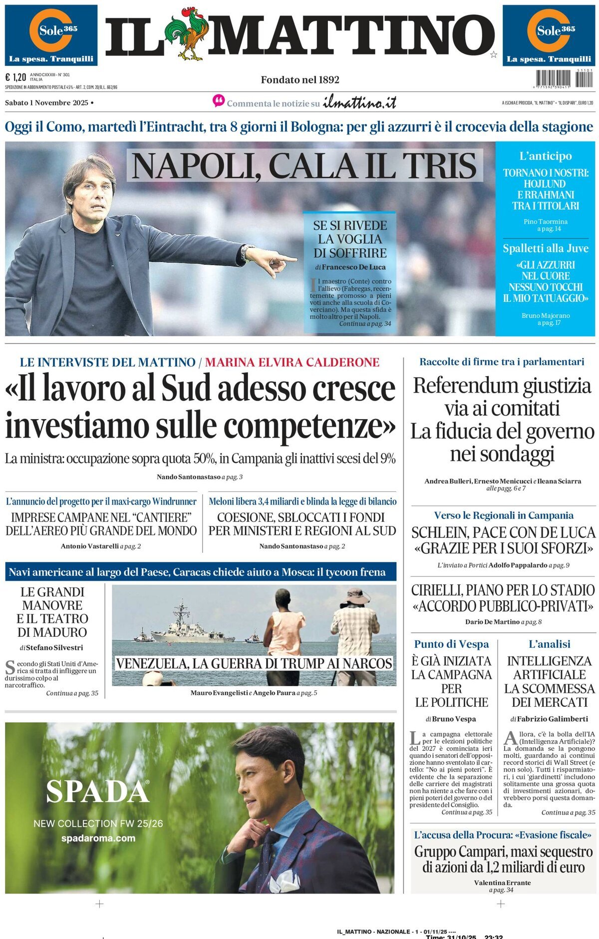 Prima Pagina Il Mattino 01/11/2025