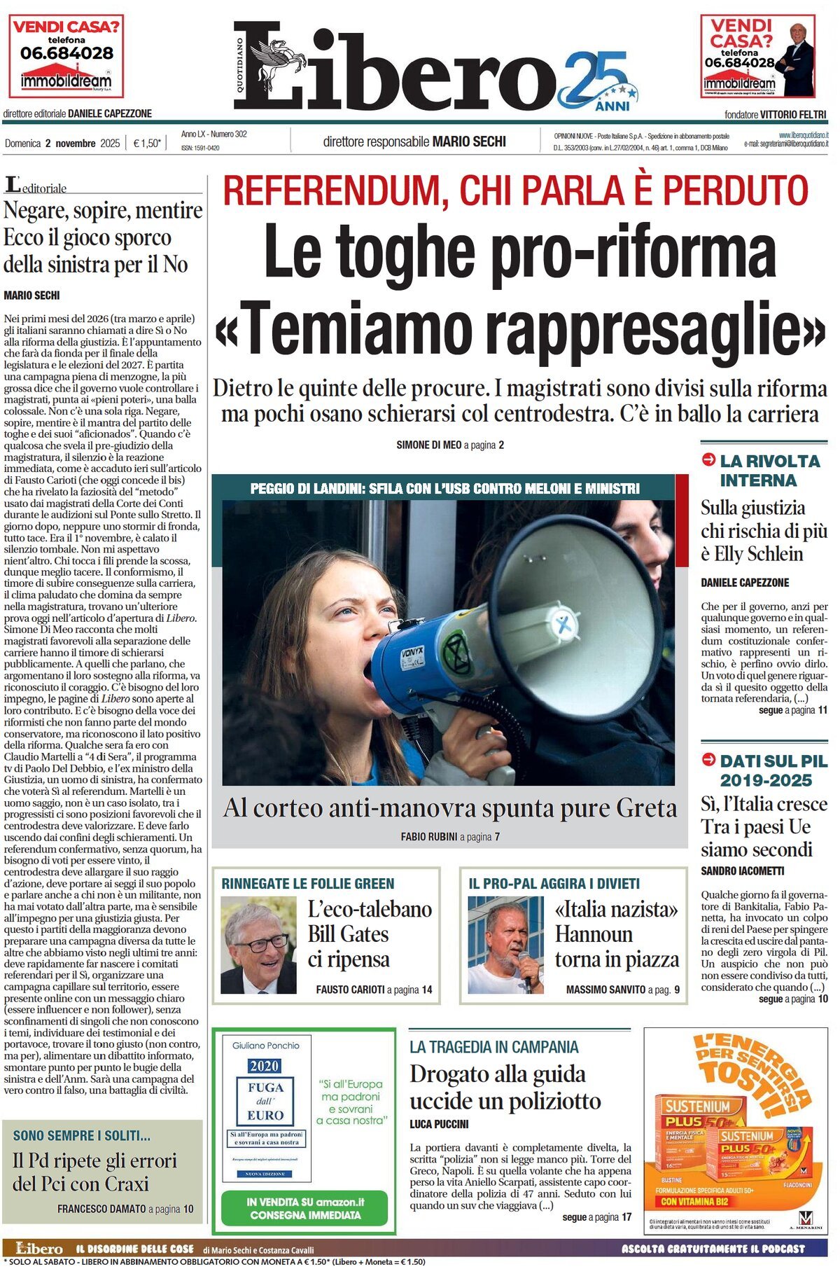 Prima Pagina Libero Quotidiano 02/11/2025