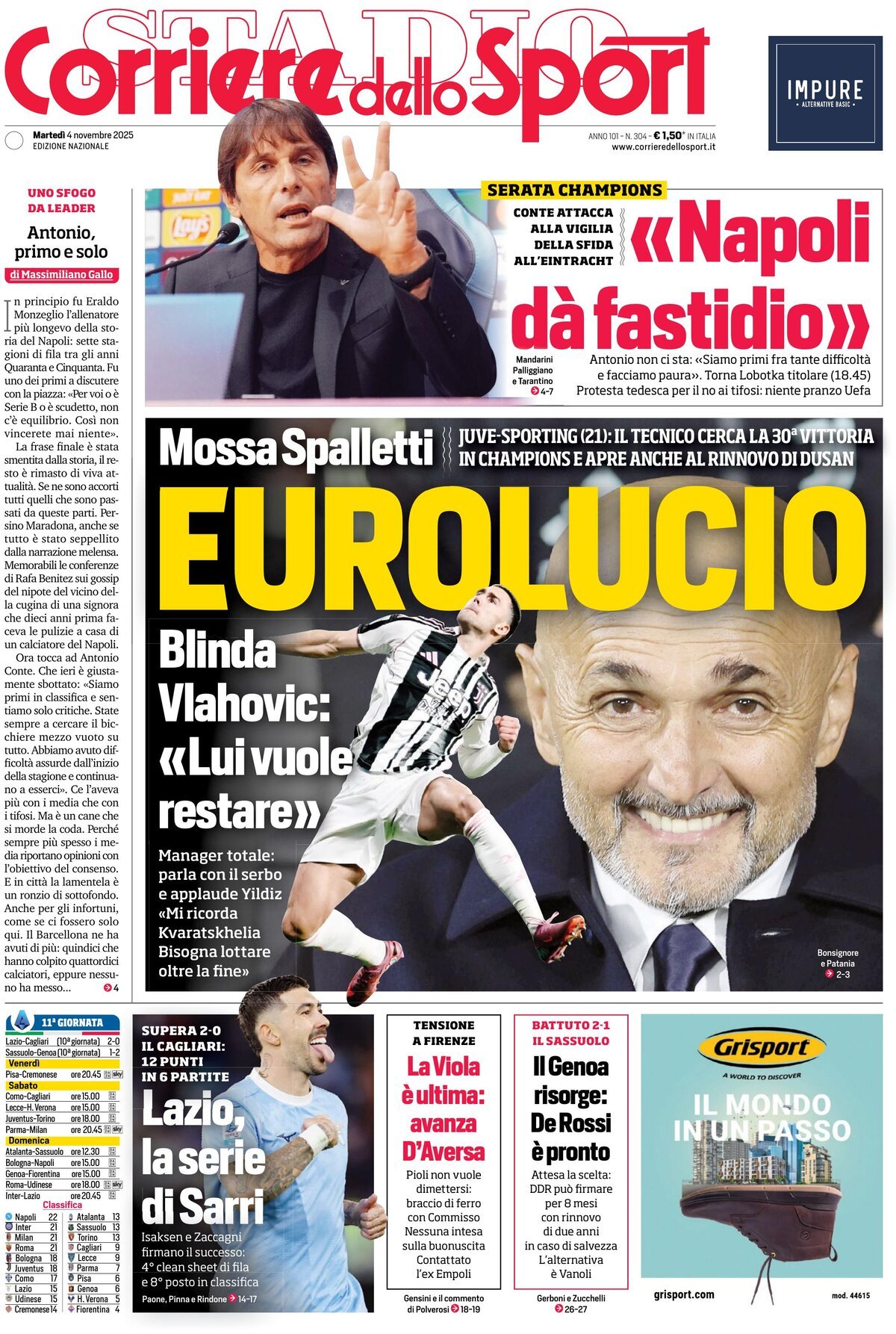 Prima Pagina Corriere dello Sport 04/11/2025