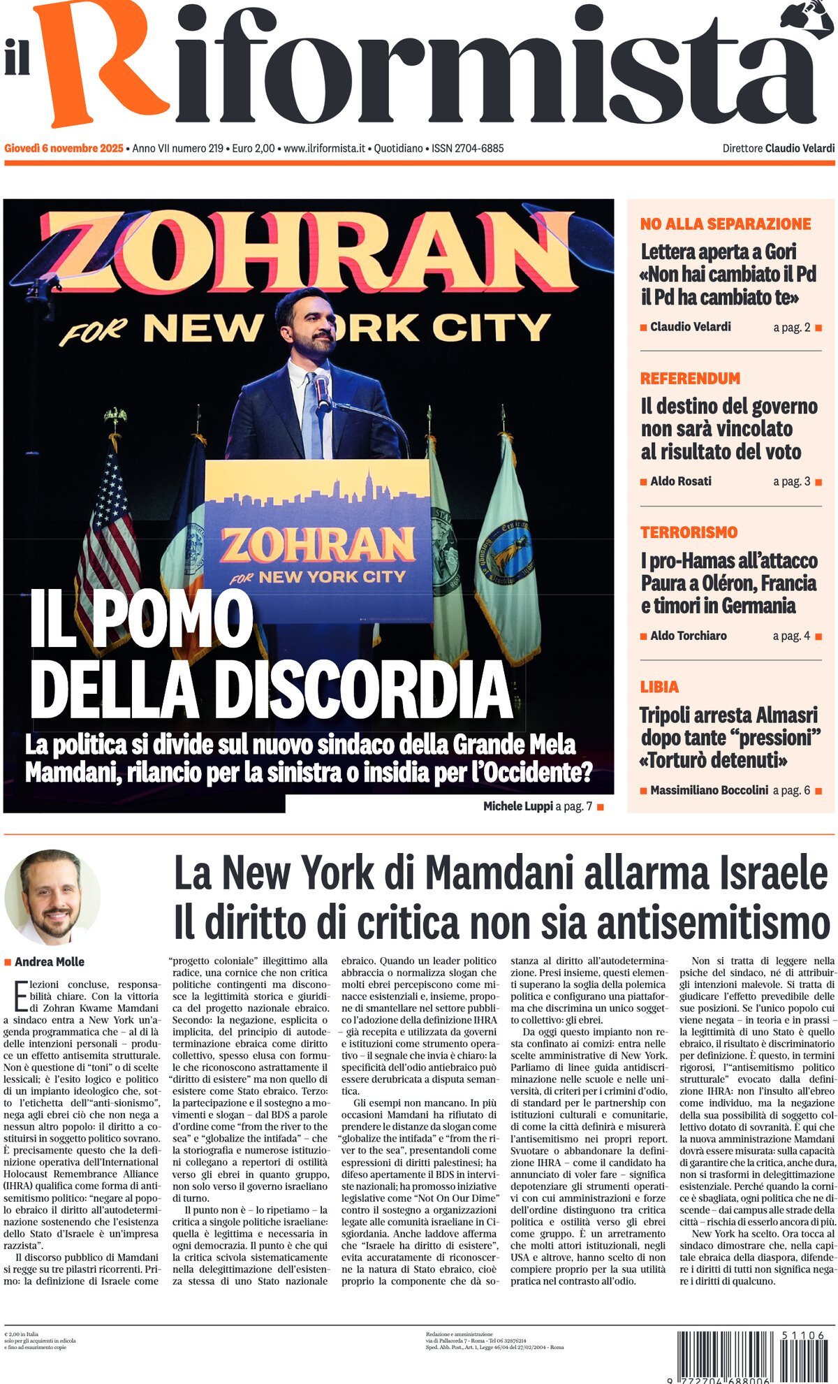 Prima Pagina Il Riformista 06/11/2025