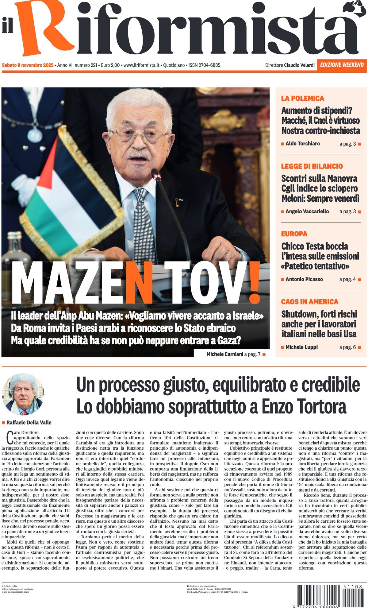 Prima Pagina Il Riformista 09/11/2025