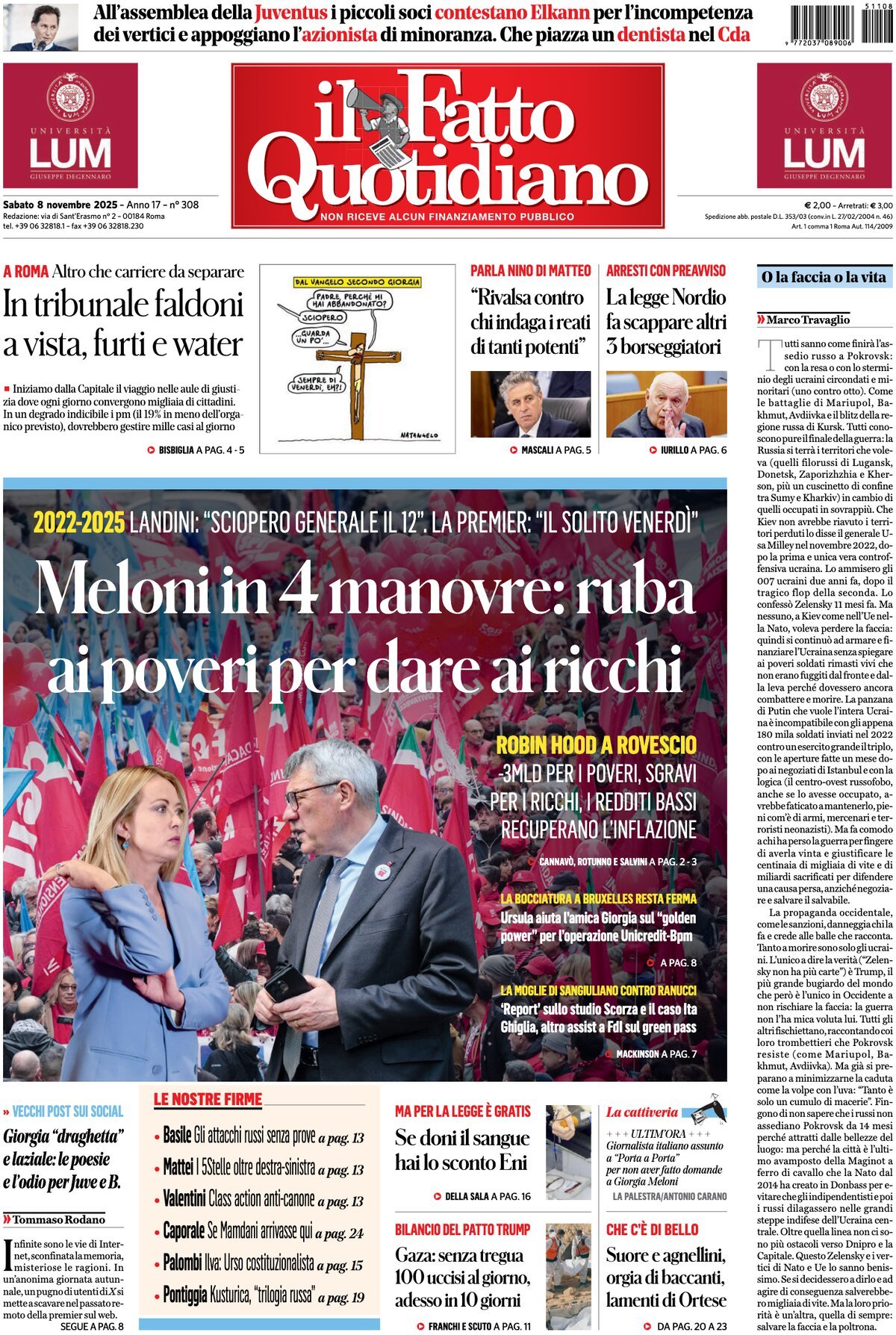 Prima Pagina Il Fatto Quotidiano 08/11/2025