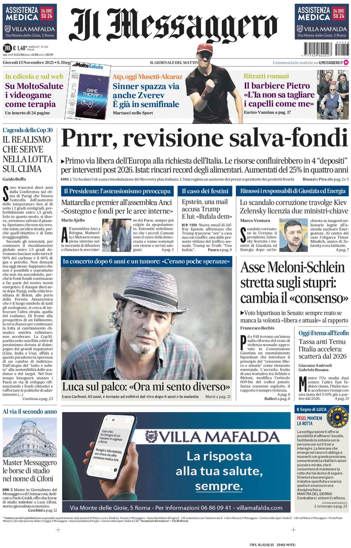 Prima Pagina Il Messaggero 13/11/2025
