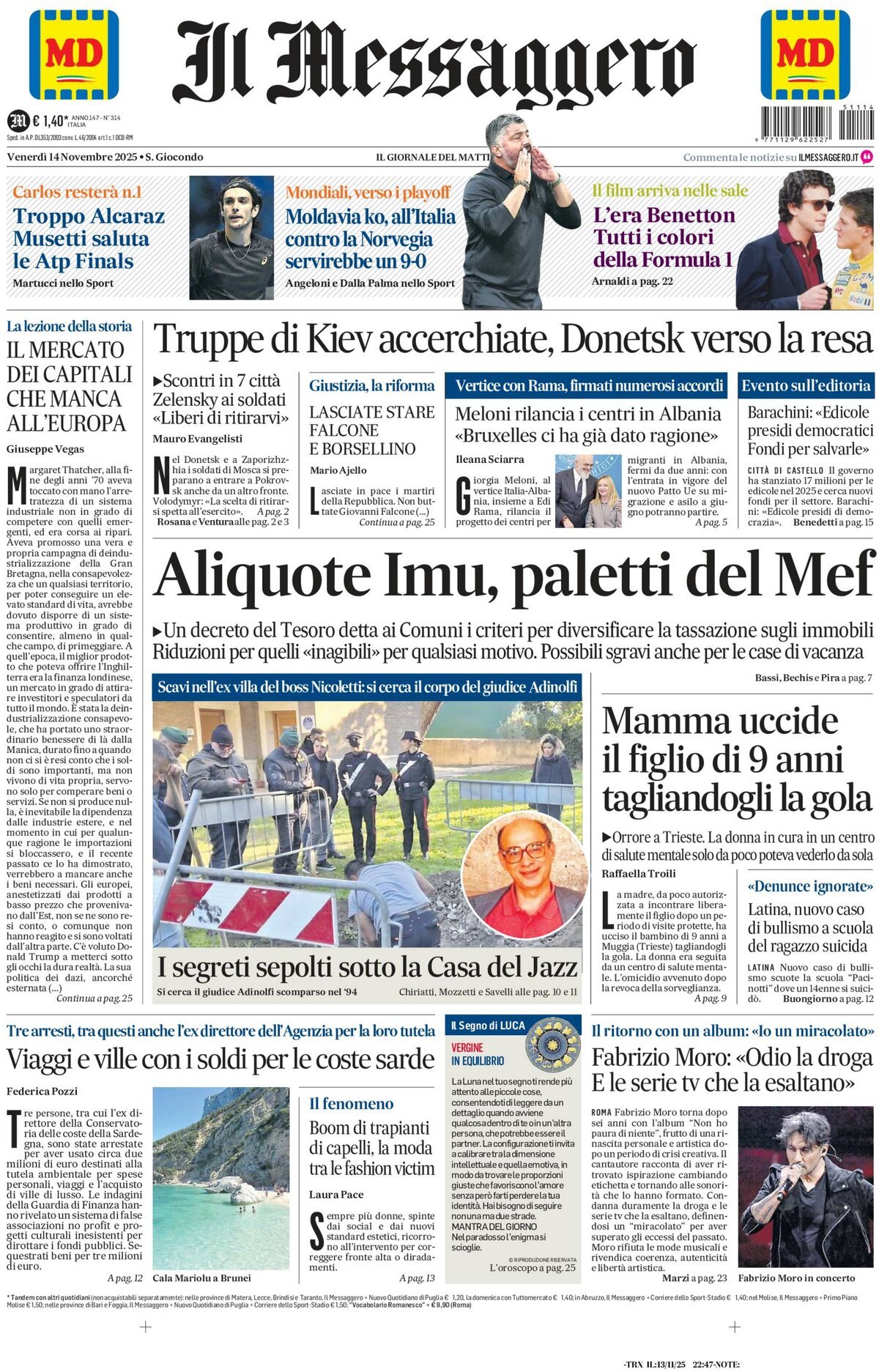 Prima Pagina Il Messaggero 14/11/2025