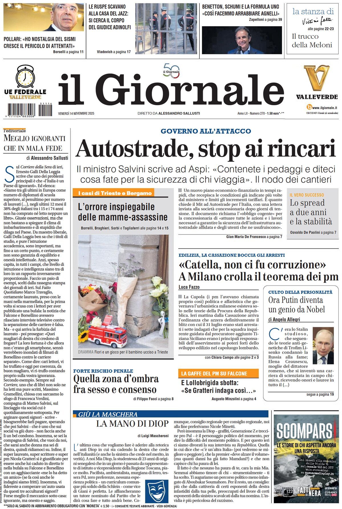 Prima Pagina Il Giornale 14/11/2025