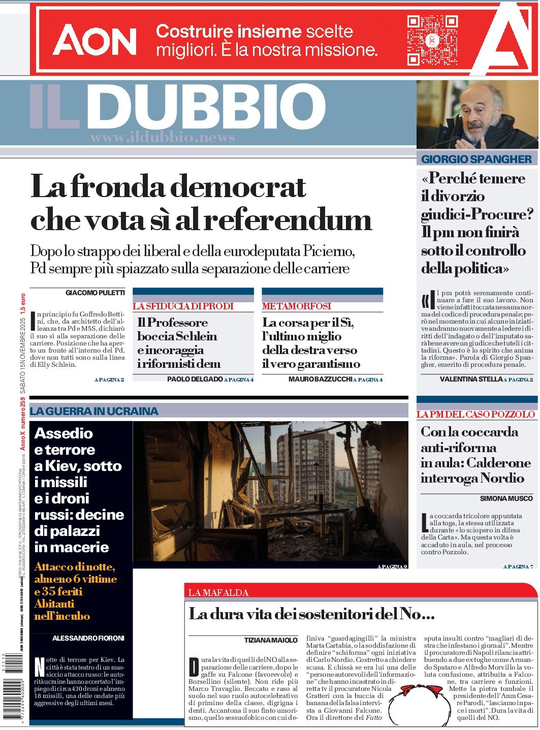 Prima Pagina Il Dubbio 15/11/2025