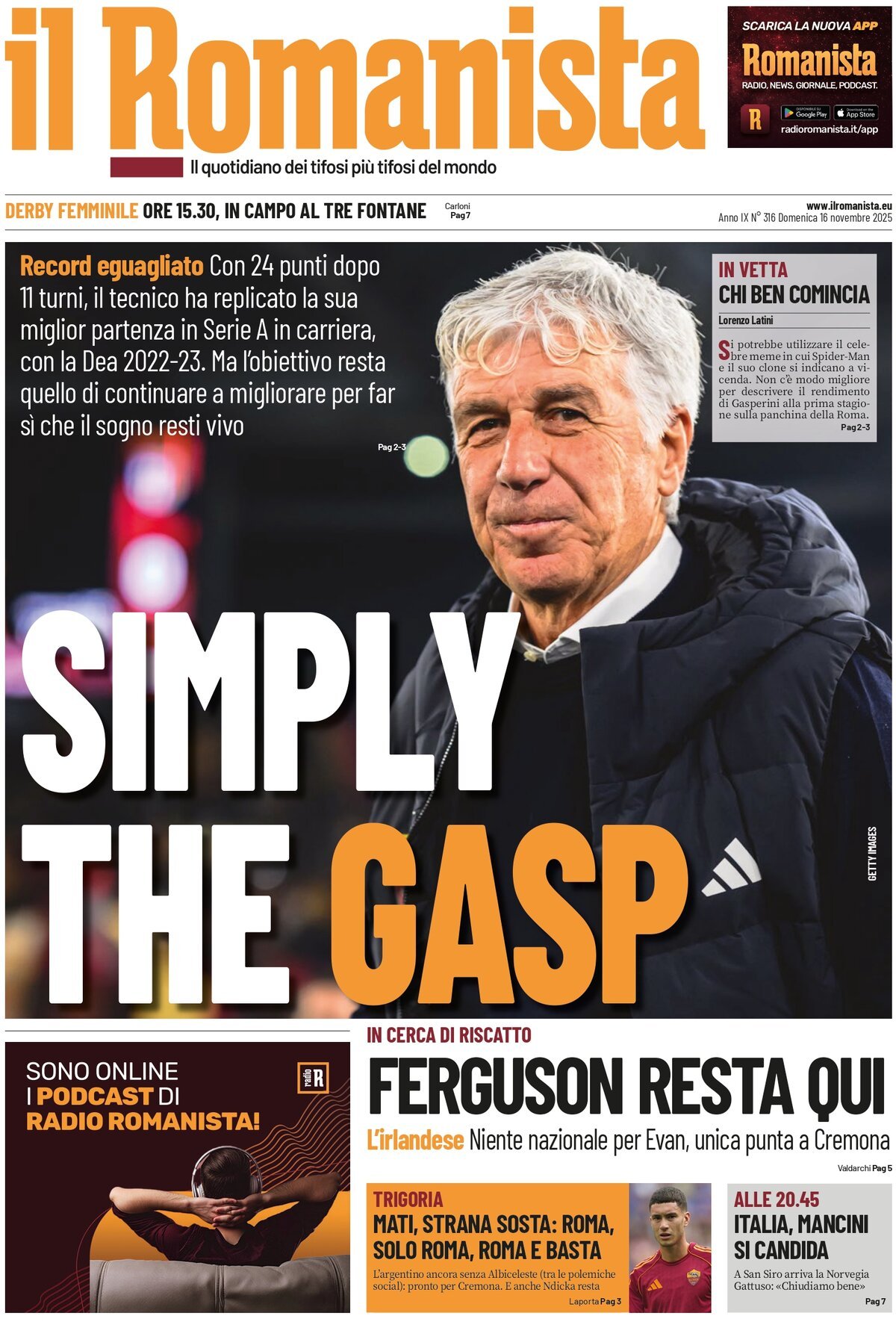 Prima Pagina Il Romanista 16/11/2025