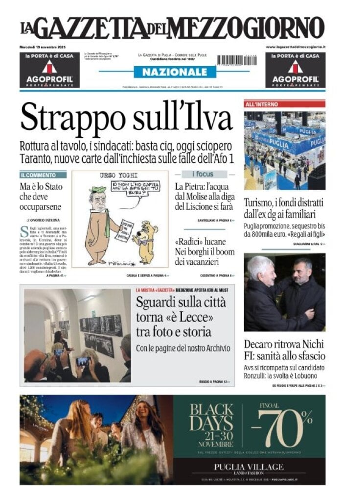 Prima Pagina La Gazzetta del Mezzogiorno (Bari) 19/11/2025