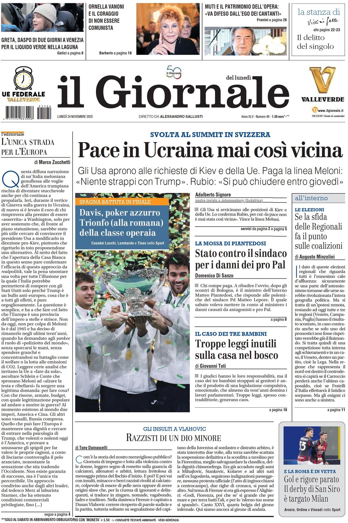 Prima Pagina Il Giornale 24/11/2025