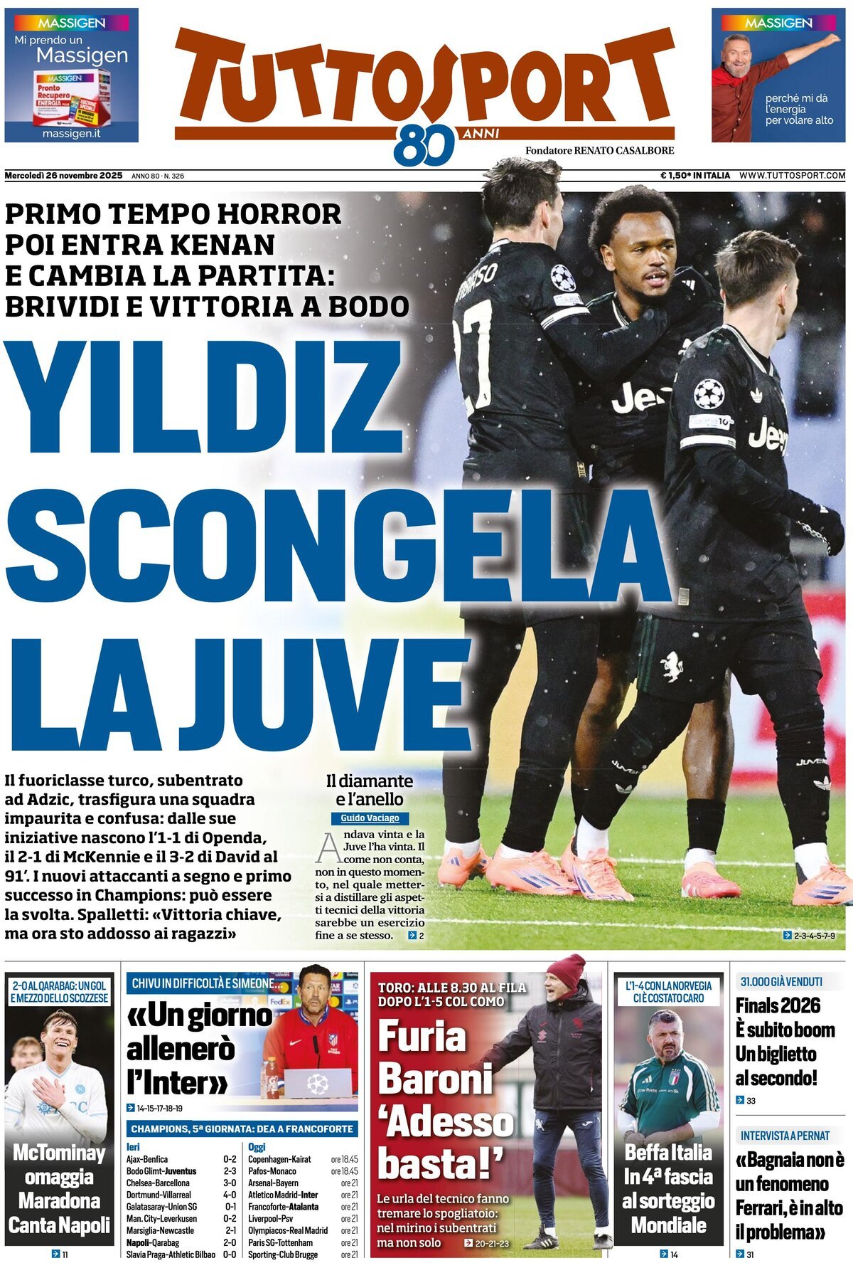 Prima Pagina Tuttosport 26/11/2025