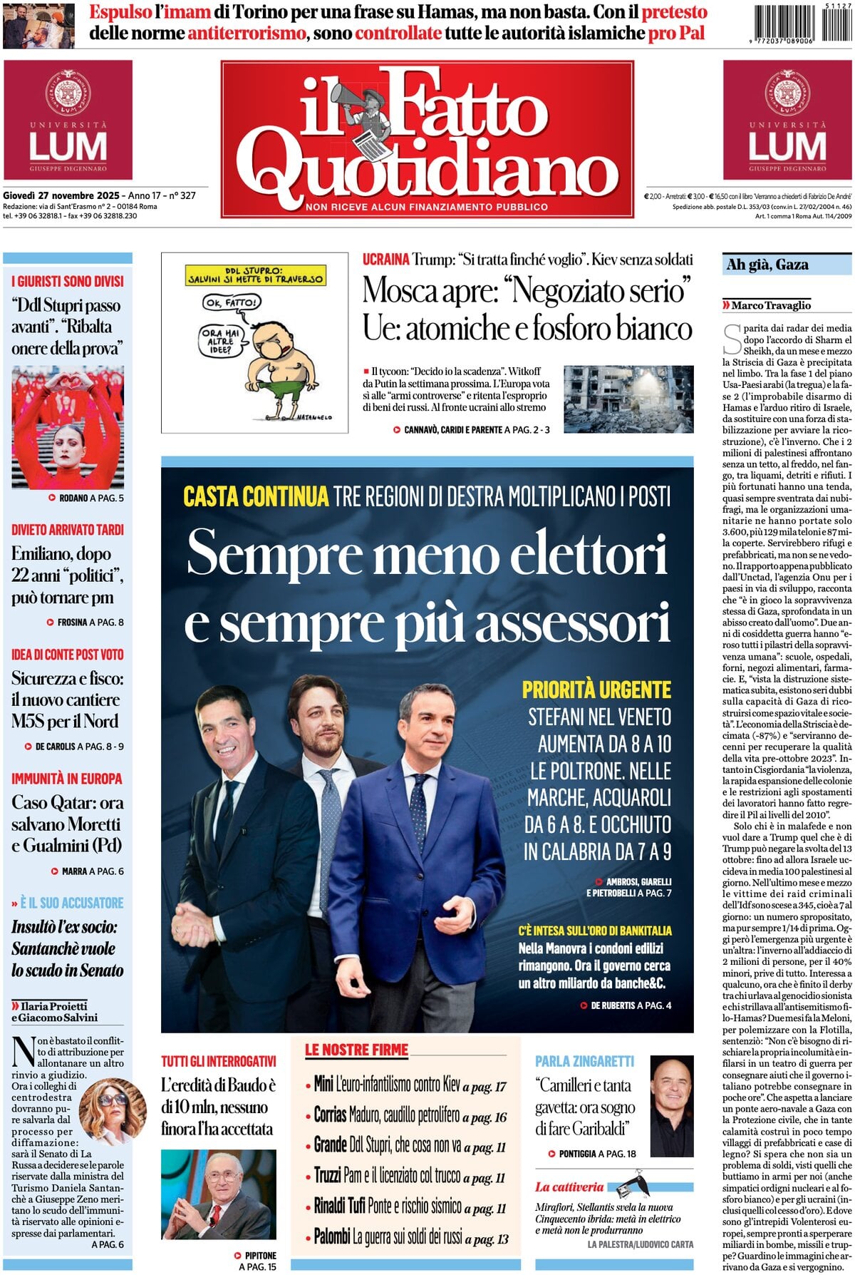 Prima Pagina Il Fatto Quotidiano 27/11/2025