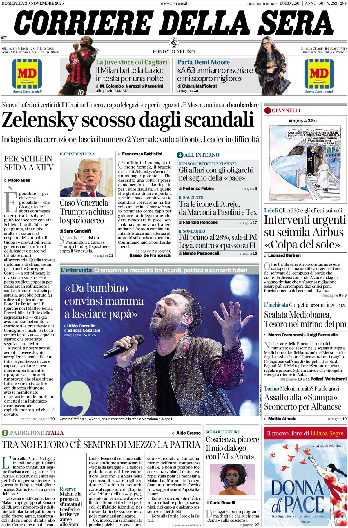 Prima Pagina Corriere della Sera 30/11/2025