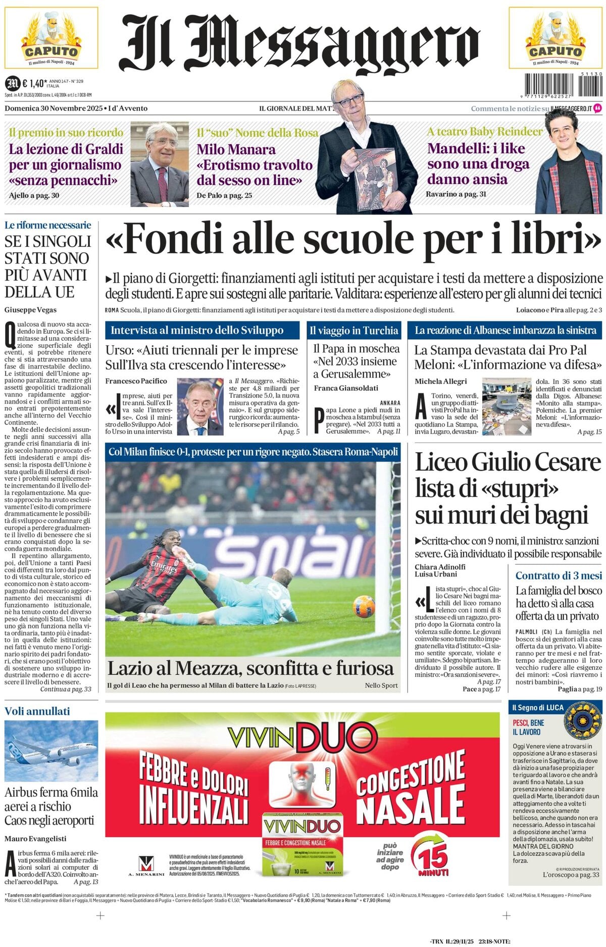 Prima Pagina Il Messaggero 30/11/2025