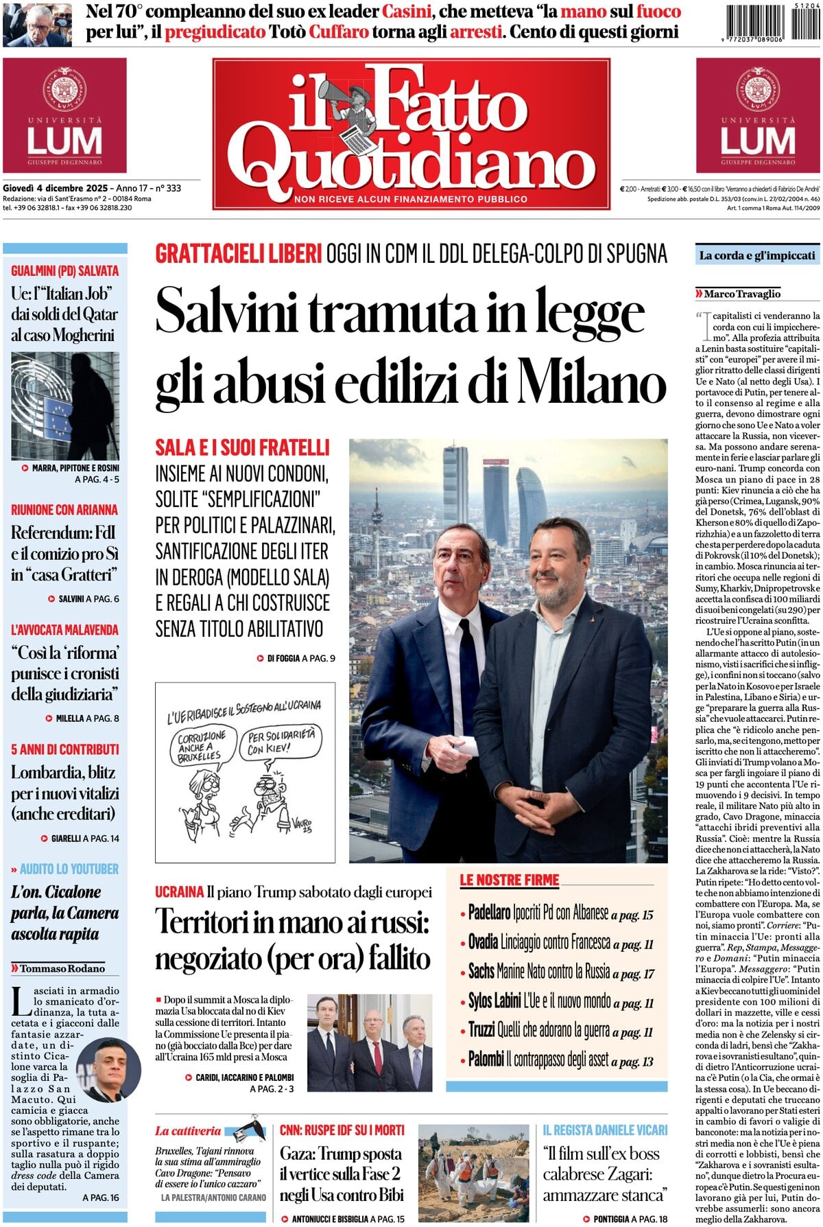 Prima Pagina Il Fatto Quotidiano 04/12/2025