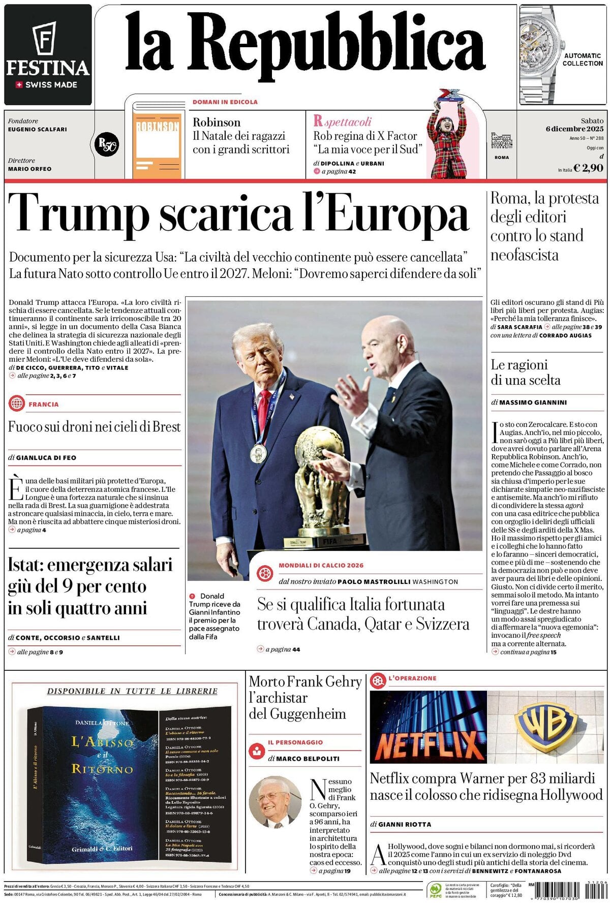 Prima Pagina La Repubblica 06/12/2025