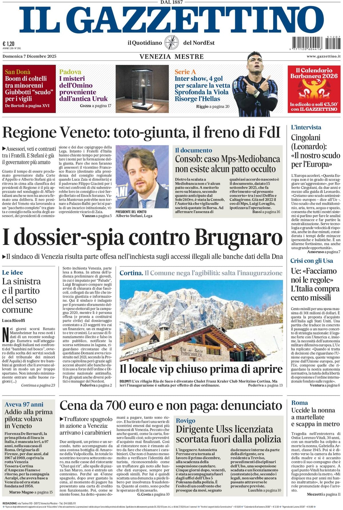 Prima Pagina Il Gazzettino 07/12/2025