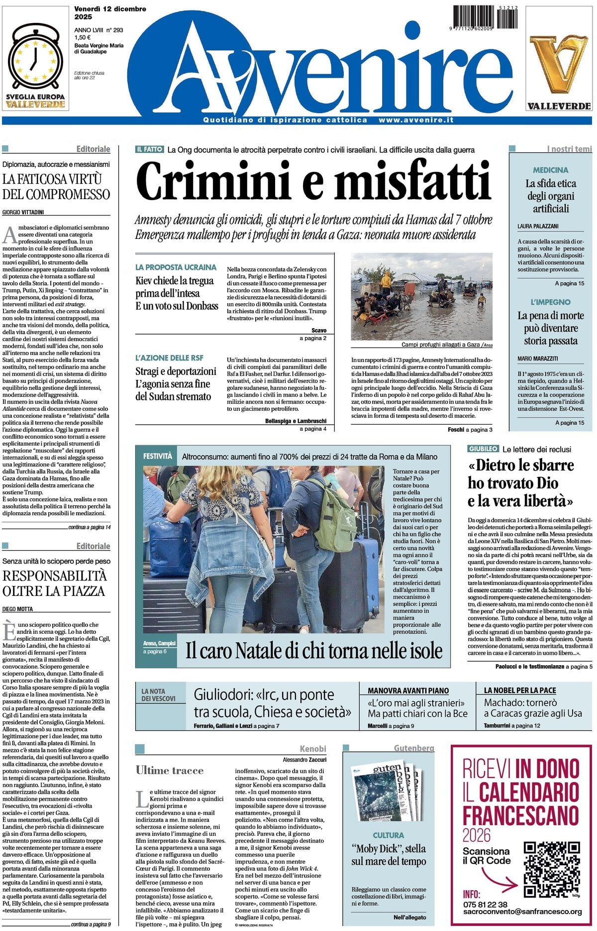 Prima Pagina Avvenire 12/12/2025