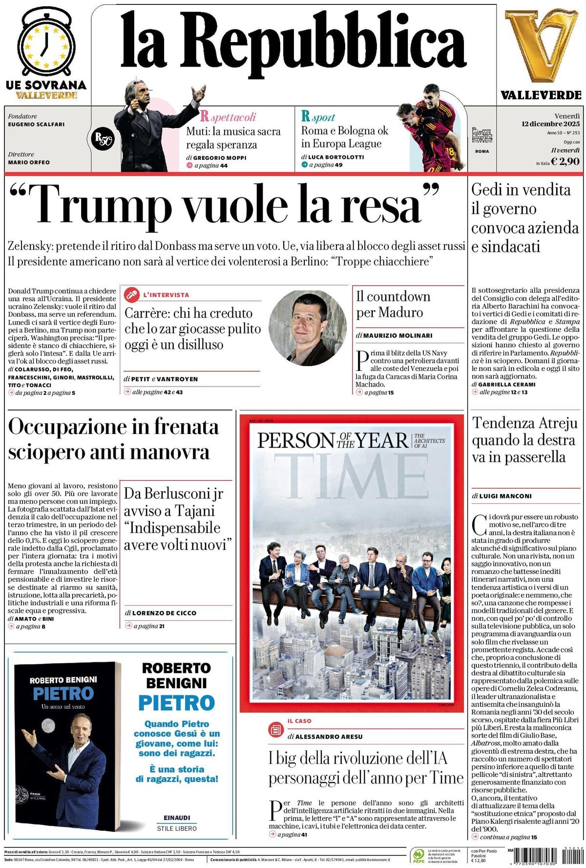 Prima Pagina La Repubblica 12/12/2025