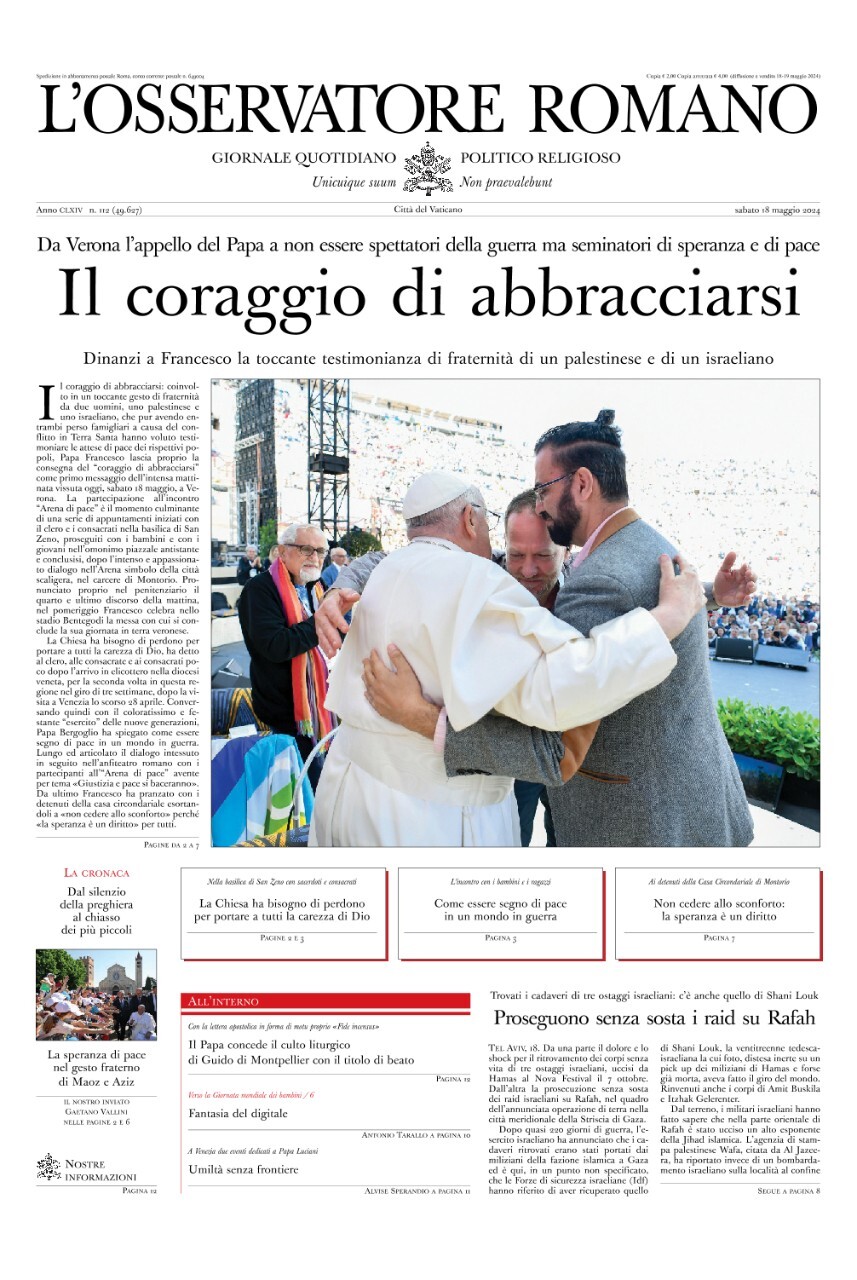 Prima Pagina L'Osservatore Romano 18/05/2024