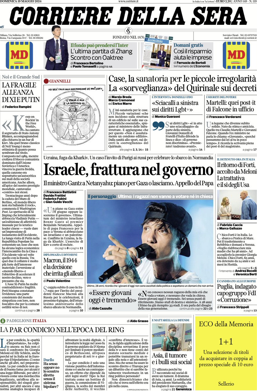 Prima Pagina Corriere della Sera 19/05/2024