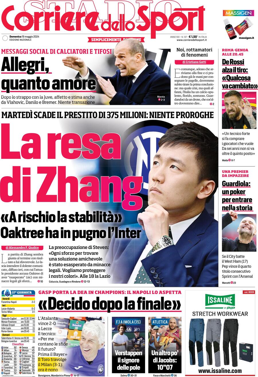 Prima Pagina Corriere dello Sport 19/05/2024