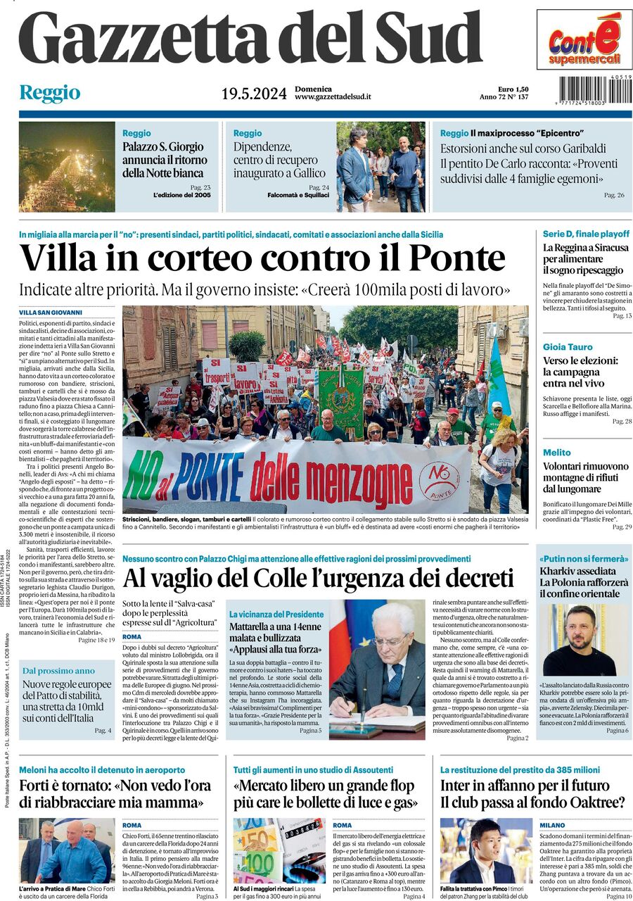 Prima Pagina Gazzetta del Sud (Reggio Calabria) 19/05/2024