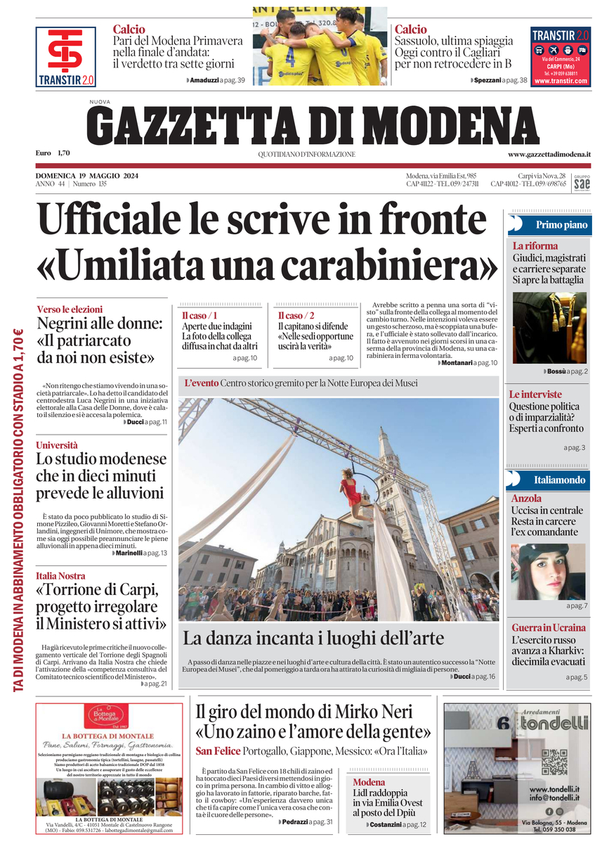 Prima Pagina Gazzetta di Modena 19/05/2024