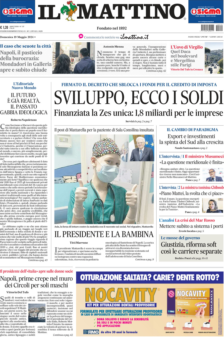 Prima Pagina Il Mattino 19/05/2024