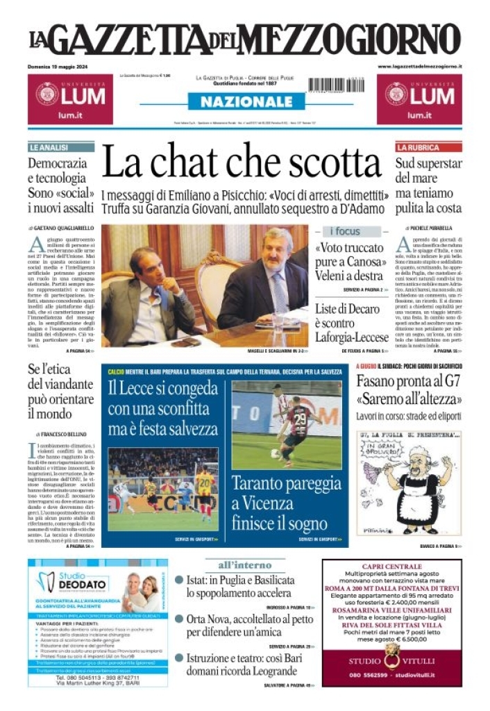 Prima Pagina La Gazzetta del Mezzogiorno (Bari) 19/05/2024