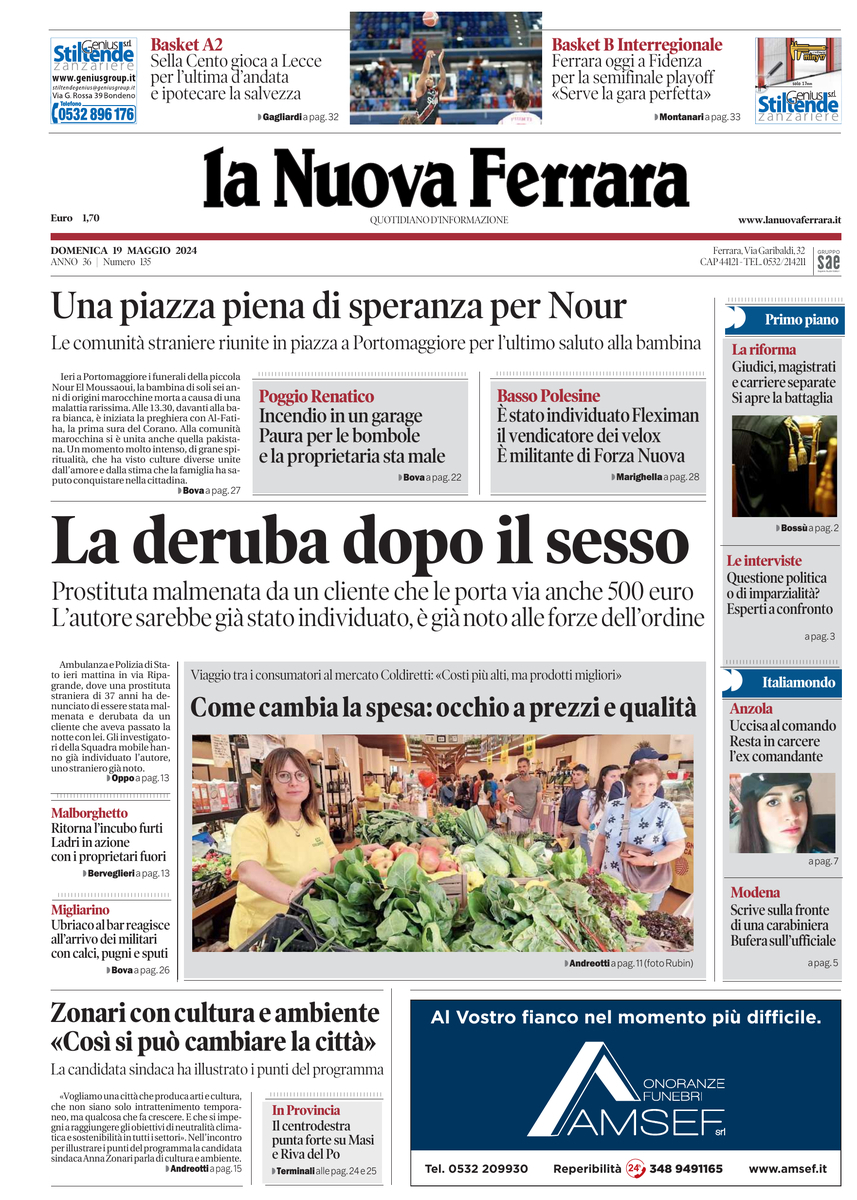 Prima Pagina La Nuova Ferrara 19/05/2024