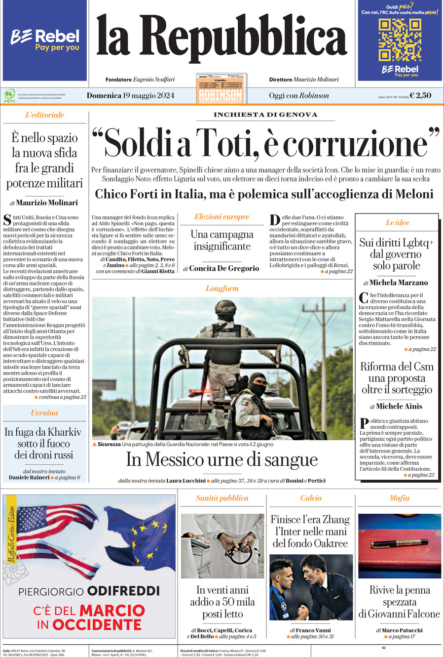 Prima Pagina La Repubblica 19/05/2024