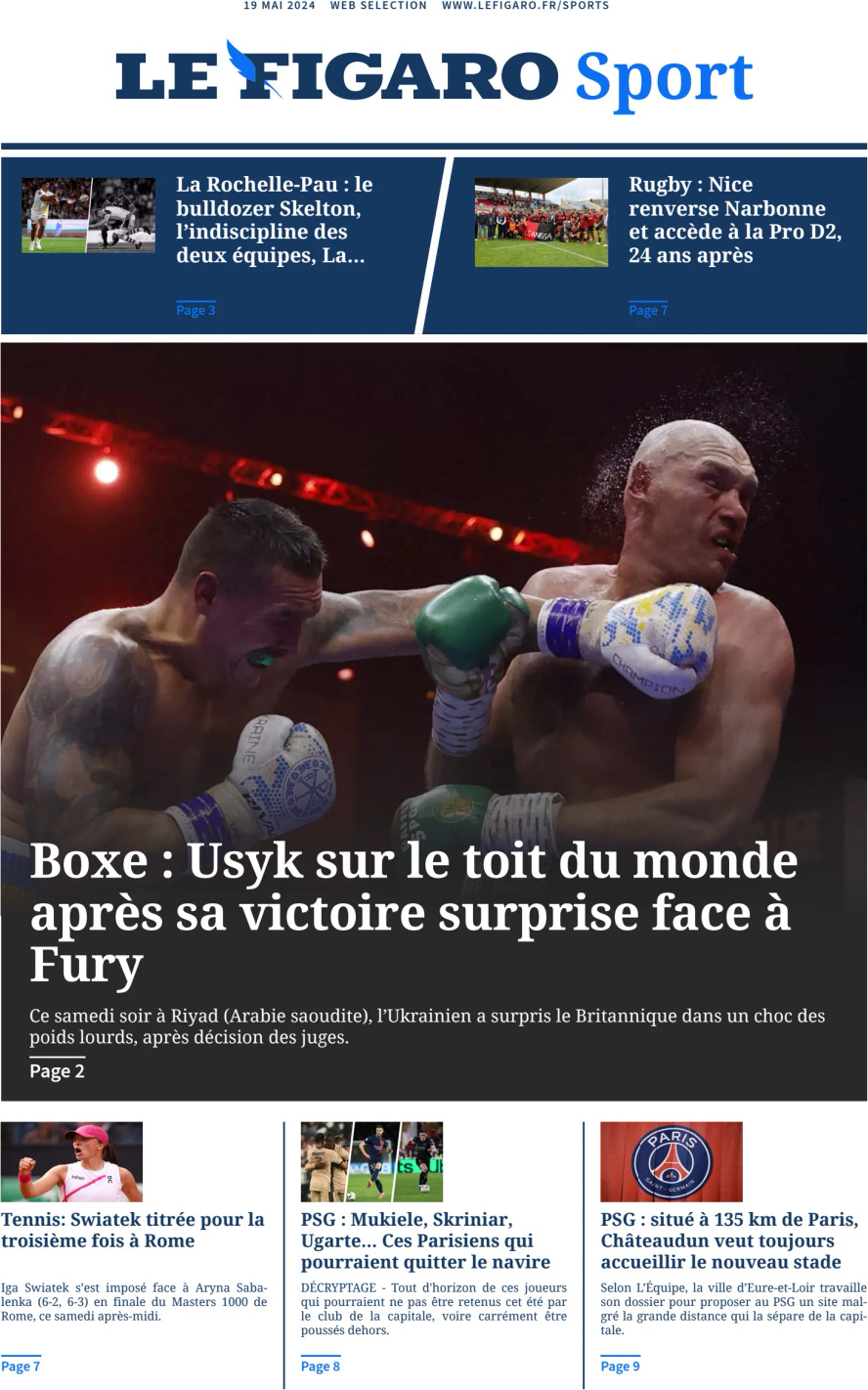Prima Pagina Le Figaro SPORT 19/05/2024