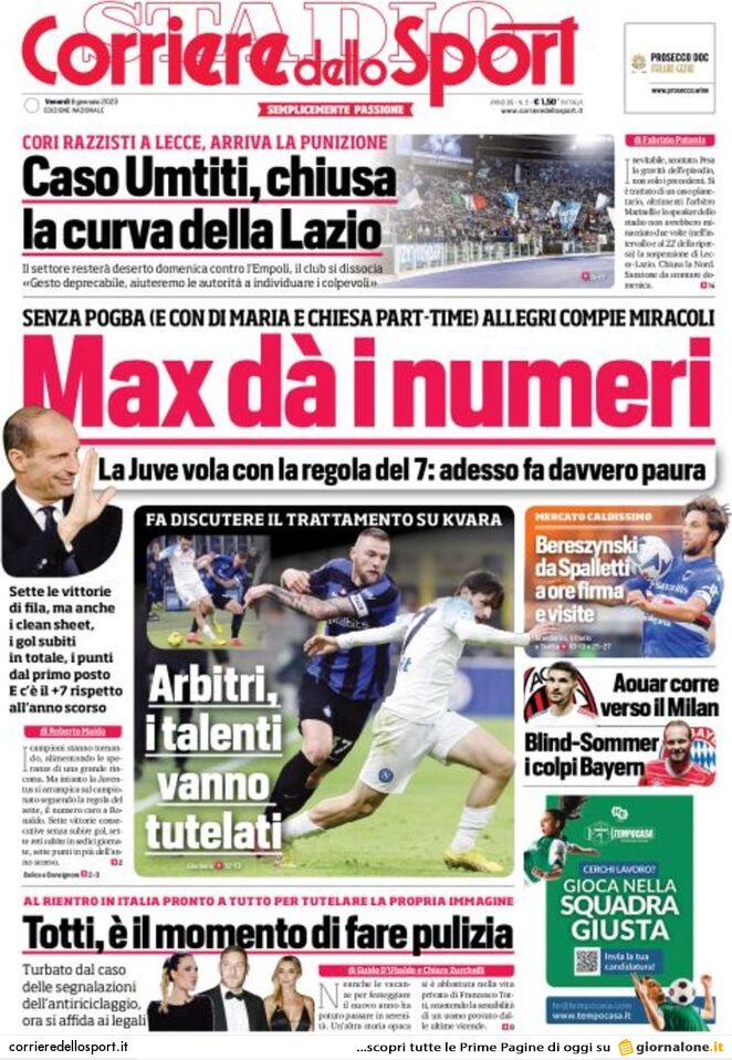 Prima Pagina Corriere dello Sport 06/01/2023
