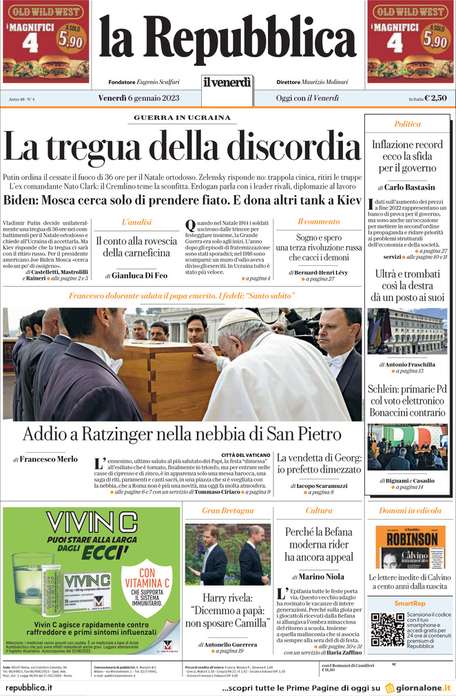 Prima Pagina La Repubblica 06/01/2023