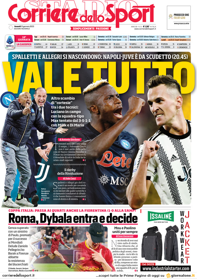 Prima Pagina Corriere dello Sport 13/01/2023