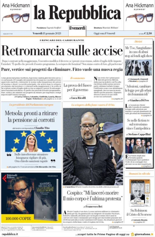 Prima Pagina La Repubblica 13/01/2023