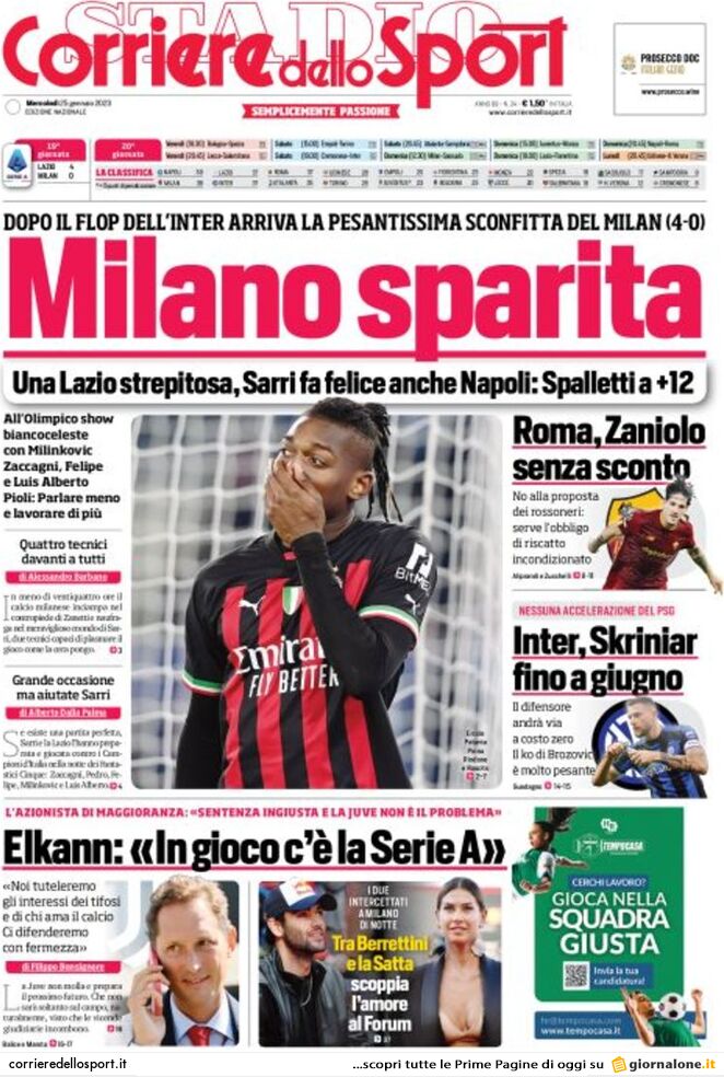 Prima Pagina Corriere dello Sport 25/01/2023