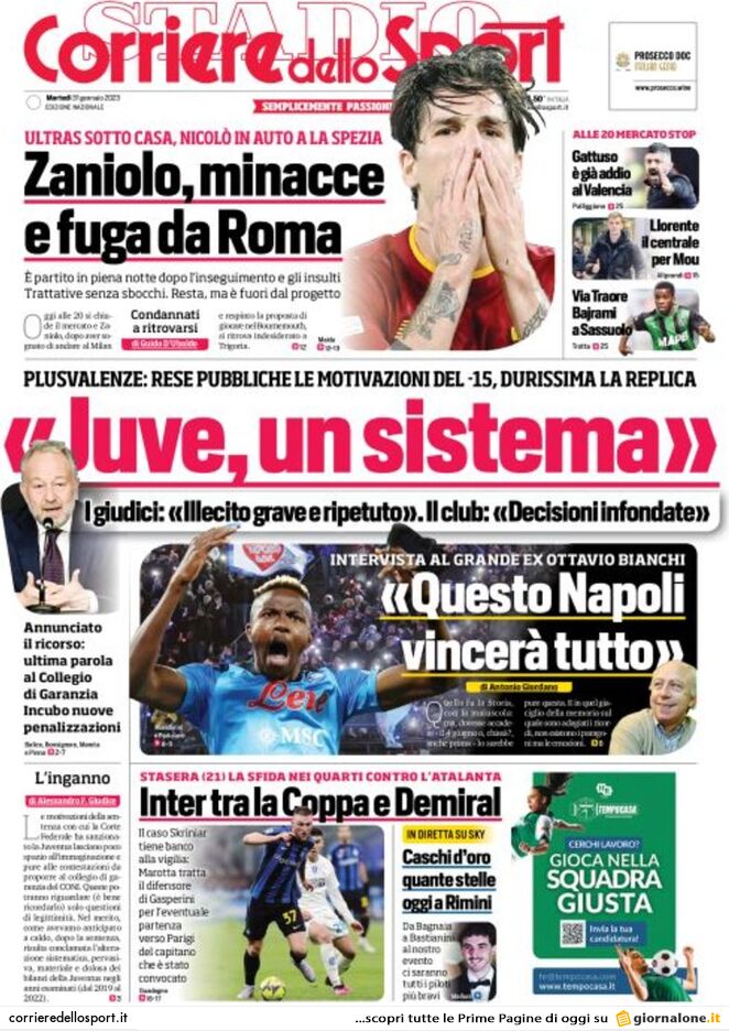 Prima Pagina Corriere dello Sport 31/01/2023