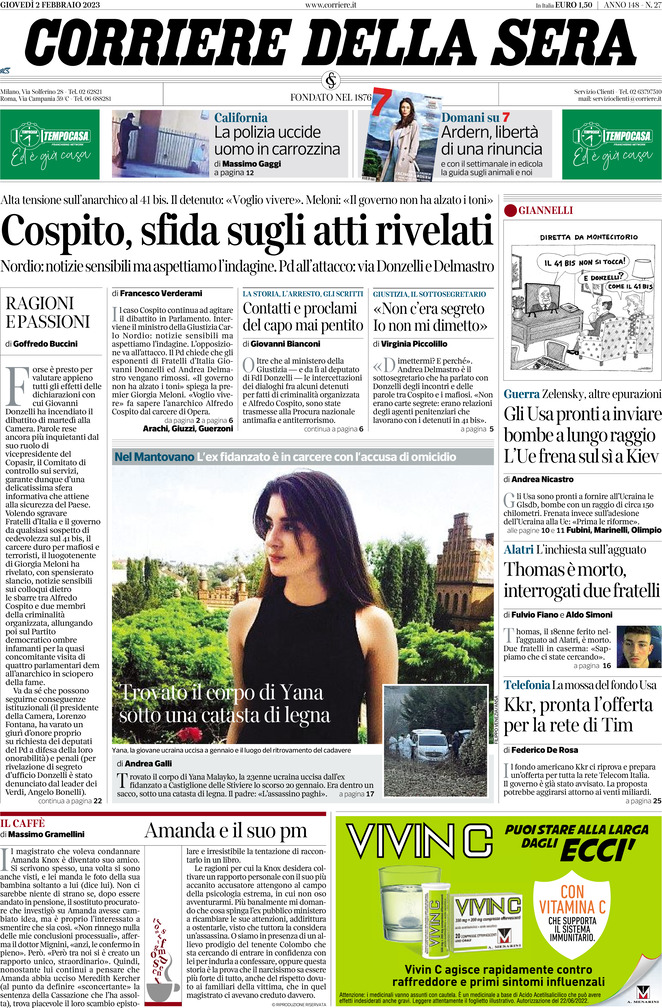 Prima Pagina Corriere della Sera 02/02/2023
