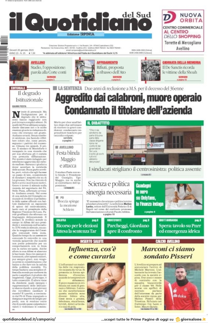 Prima Pagina Il Quotidiano del Sud (Irpinia) 02/02/2023