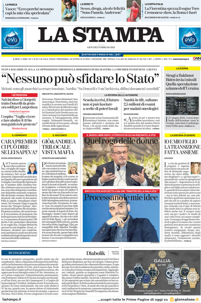 Prima Pagina La Stampa 02/02/2023