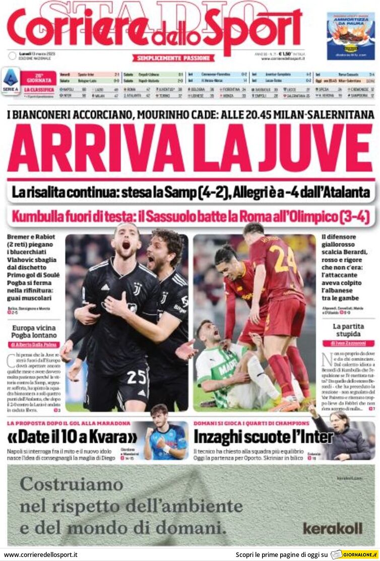 Prima Pagina Corriere dello Sport 13/03/2023