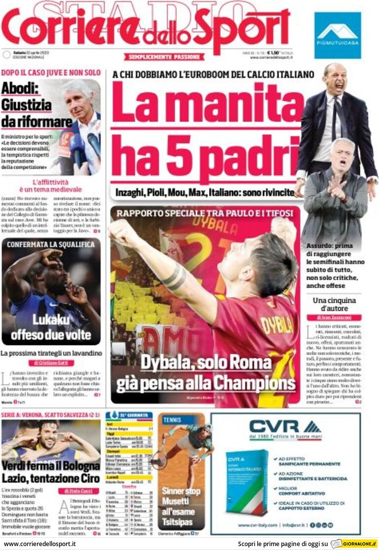 Prima Pagina Corriere dello Sport 22/04/2023