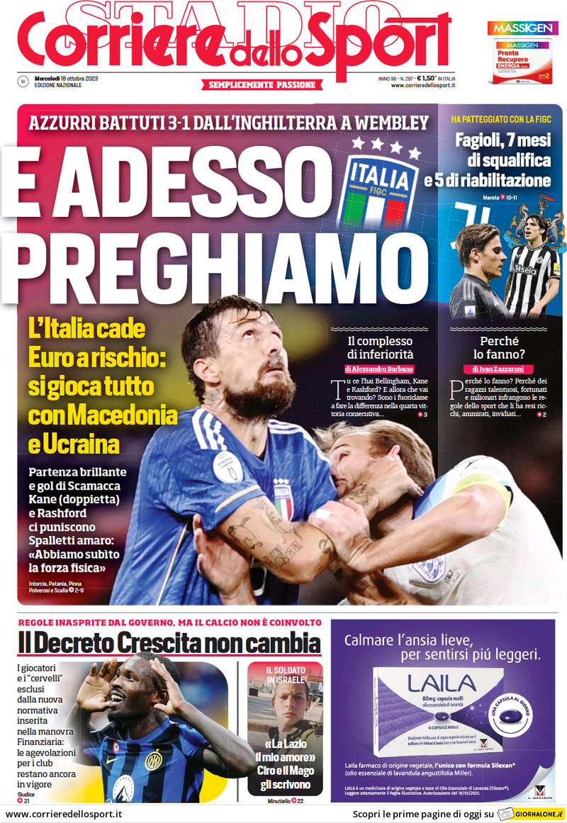 Prima Pagina Corriere dello Sport 18/10/2023