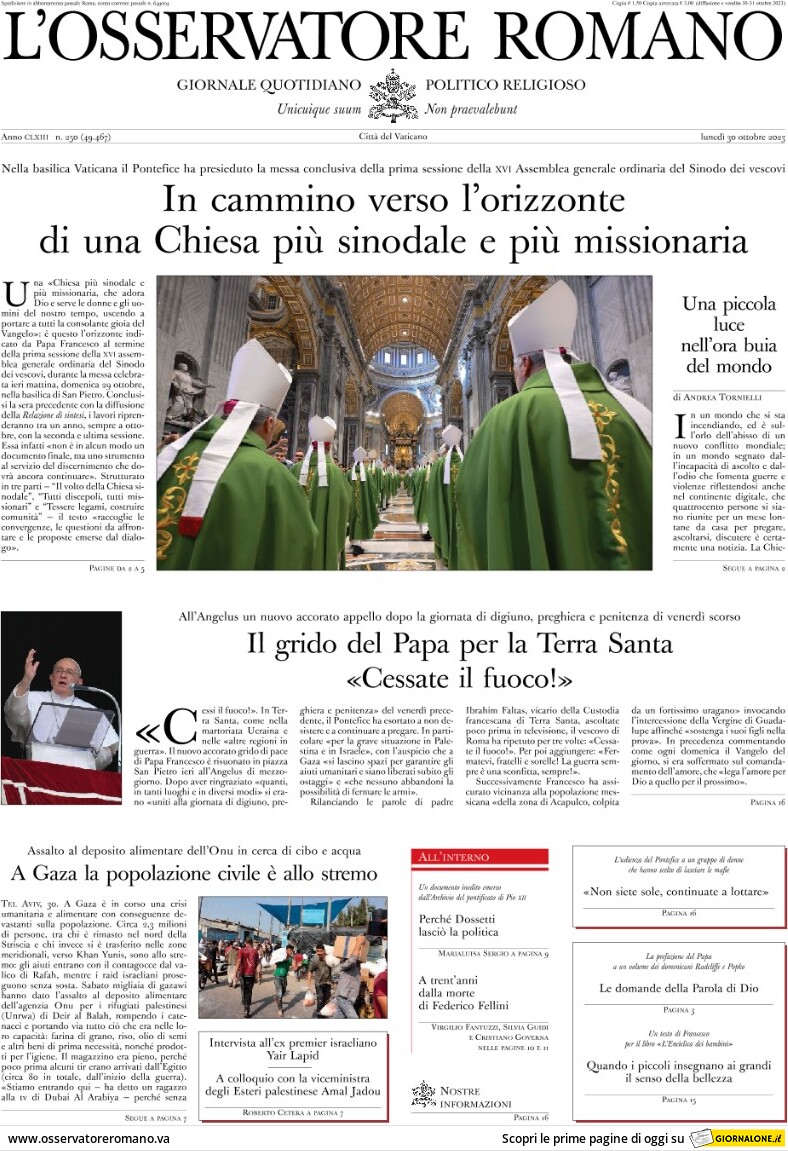 Prima Pagina L'Osservatore Romano 30/10/2023