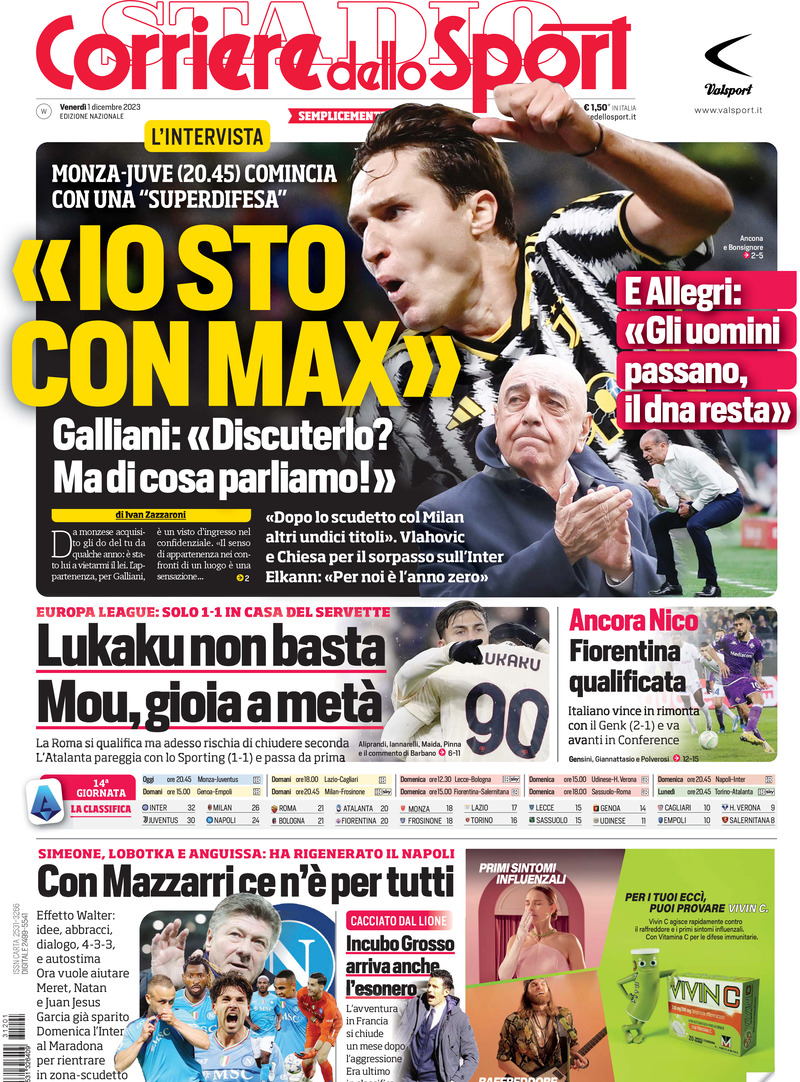 Prima Pagina Corriere dello Sport 01/12/2023