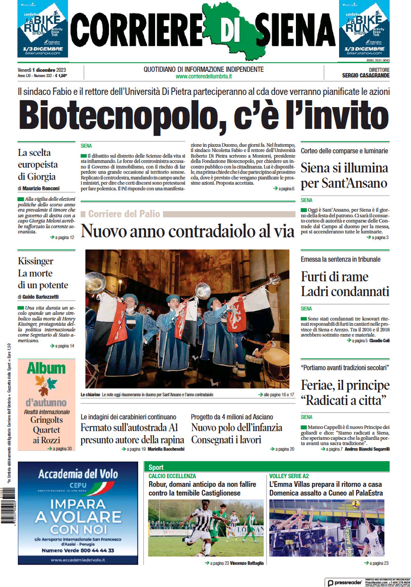 Prima Pagina Corriere di Siena 01/12/2023